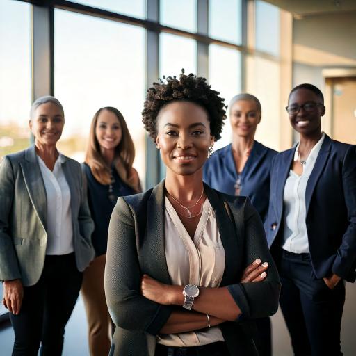Decorative image of inspirational female leader standing united with her diverse team.